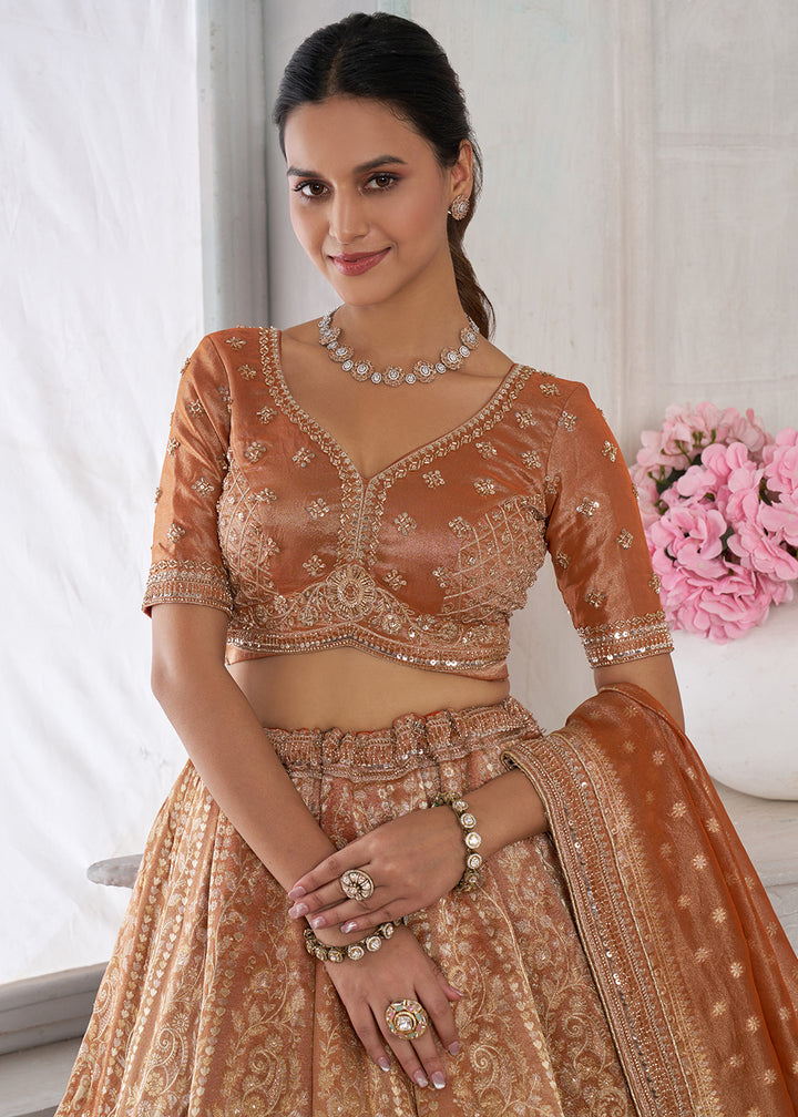 Shades Of Brown Tissue Silk Couture Lehenga Choli with Zari Detailing