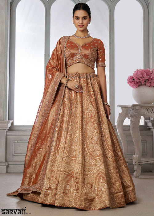 Shades Of Brown Tissue Silk Couture Lehenga Choli with Zari Detailing