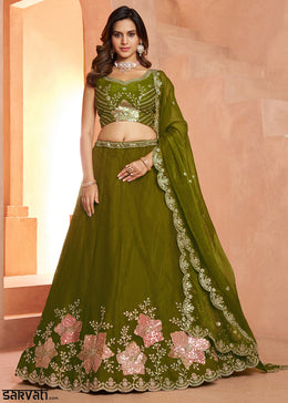 Mehendi Green Tissue Lehenga Choli with Floral Motifs & Sequin Detailing