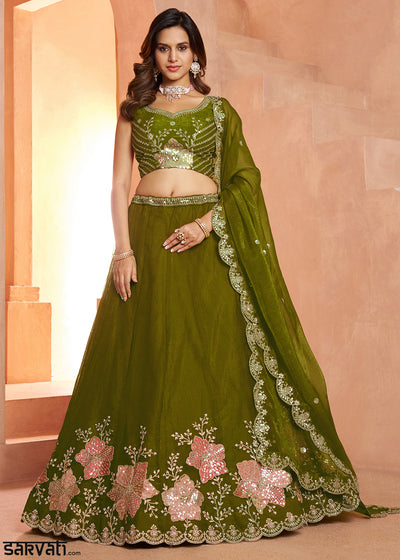 Mehendi Green Tissue Lehenga Choli with Floral Motifs & Sequin Detailing