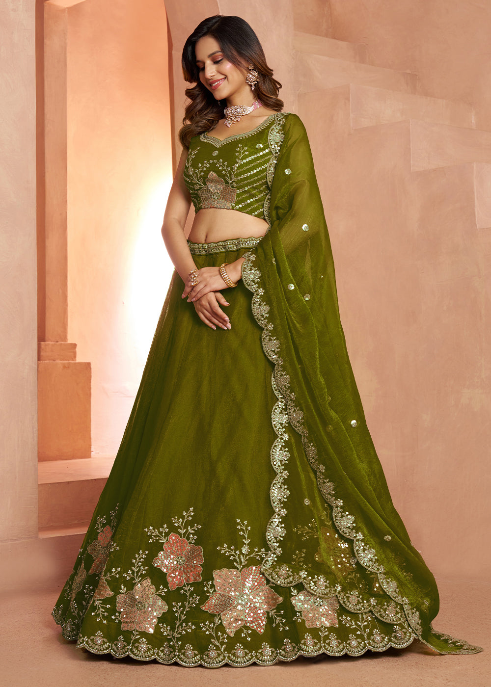 Mehendi Green Tissue Lehenga Choli with Floral Motifs & Sequin Detailing