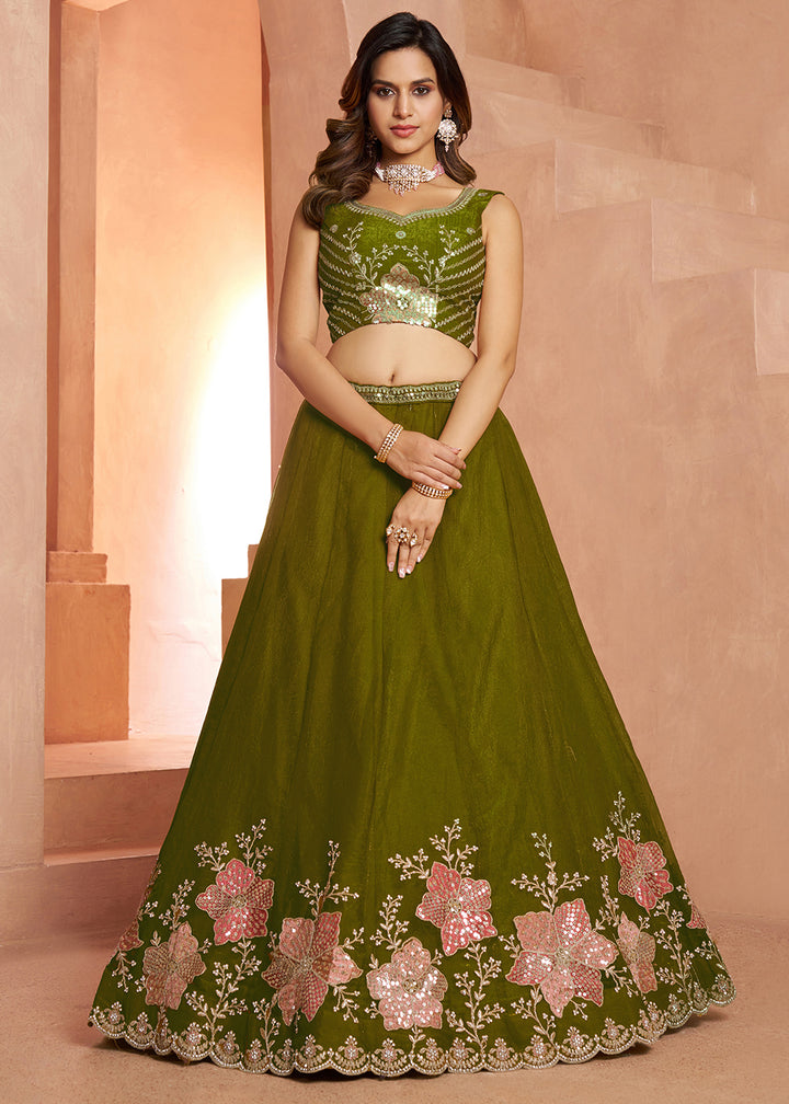 Mehendi Green Tissue Lehenga Choli with Floral Motifs & Sequin Detailing