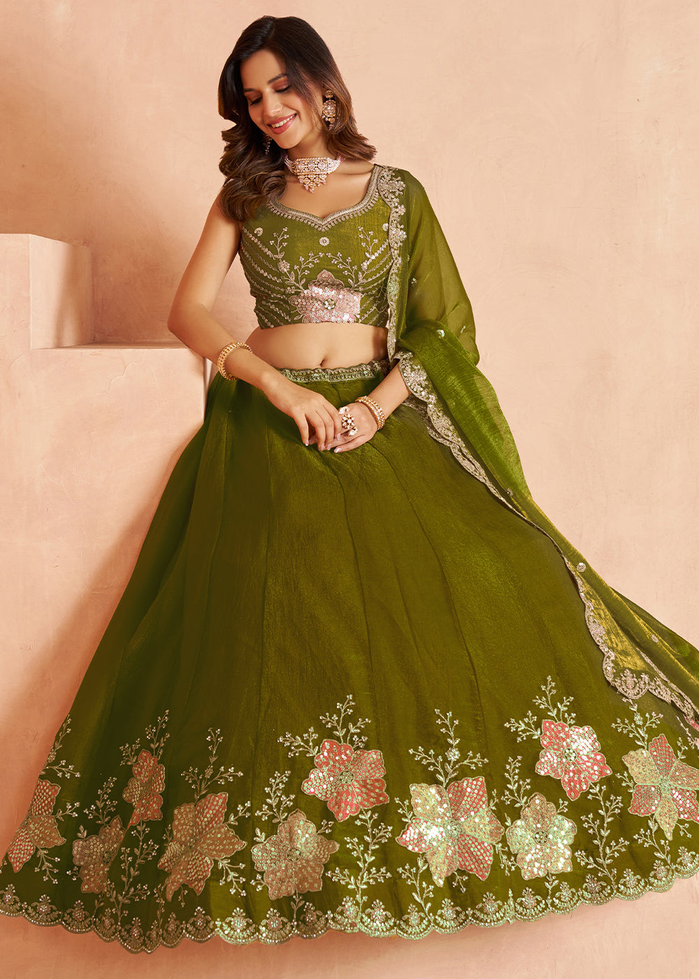 Mehendi Green Tissue Lehenga Choli with Floral Motifs & Sequin Detailing