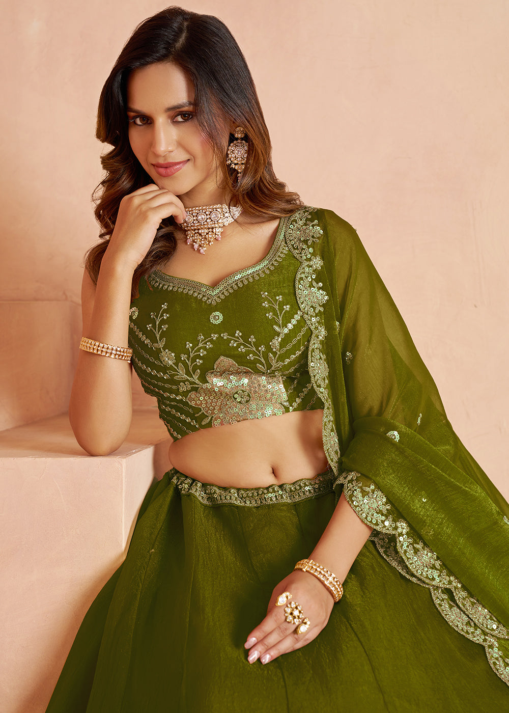 Mehendi Green Tissue Lehenga Choli with Floral Motifs & Sequin Detailing