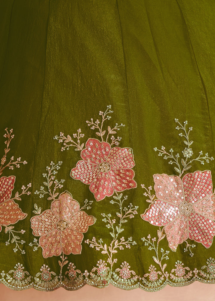 Mehendi Green Tissue Lehenga Choli with Floral Motifs & Sequin Detailing