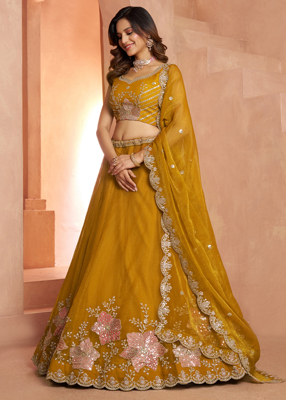 Mustard Yellow Tissue Lehenga Choli with Floral Motifs & Sequin Detailing