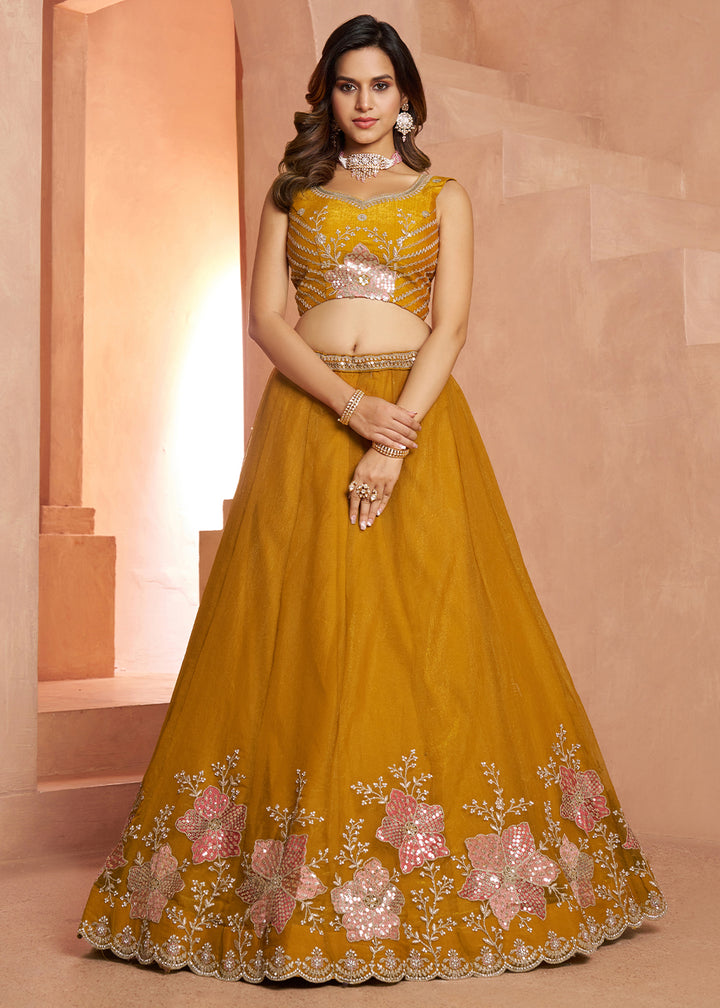 Mustard Yellow Tissue Lehenga Choli with Floral Motifs & Sequin Detailing