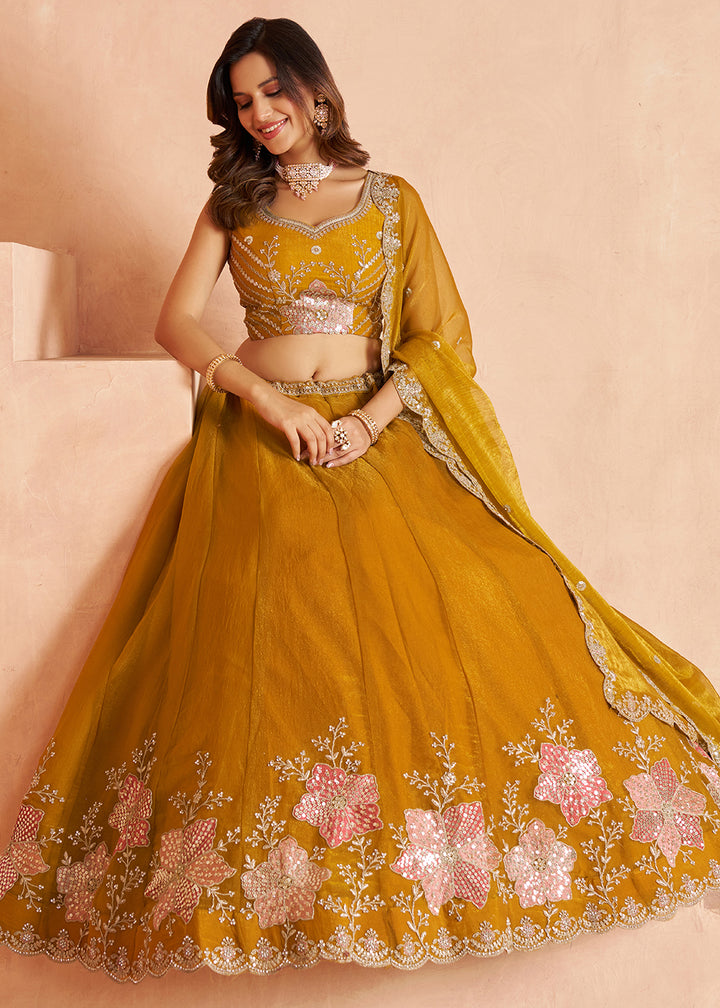 Mustard Yellow Tissue Lehenga Choli with Floral Motifs & Sequin Detailing