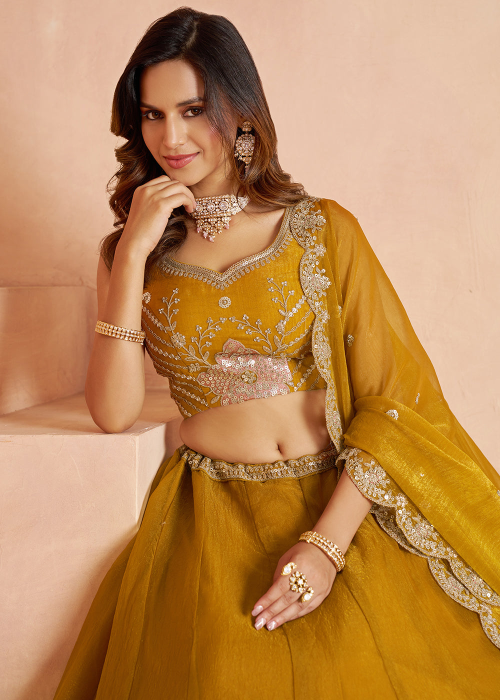 Mustard Yellow Tissue Lehenga Choli with Floral Motifs & Sequin Detailing
