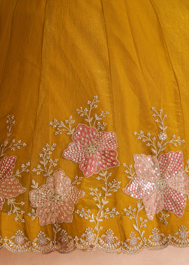 Mustard Yellow Tissue Lehenga Choli with Floral Motifs & Sequin Detailing