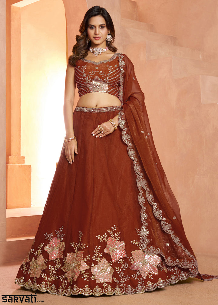 Rust Brown Tissue Lehenga Choli with Floral Motifs & Sequin Detailing