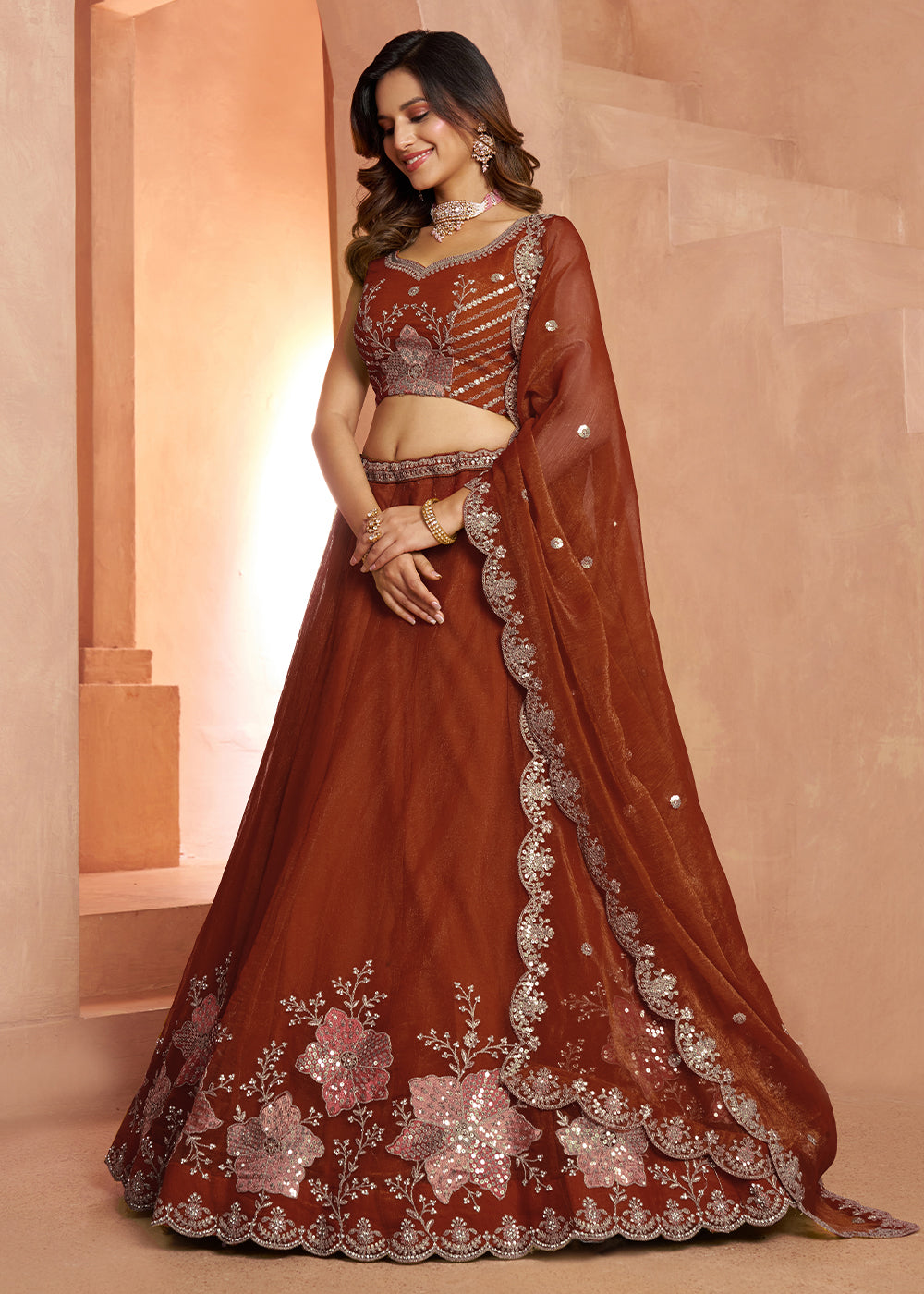 Rust Brown Tissue Lehenga Choli with Floral Motifs & Sequin Detailing