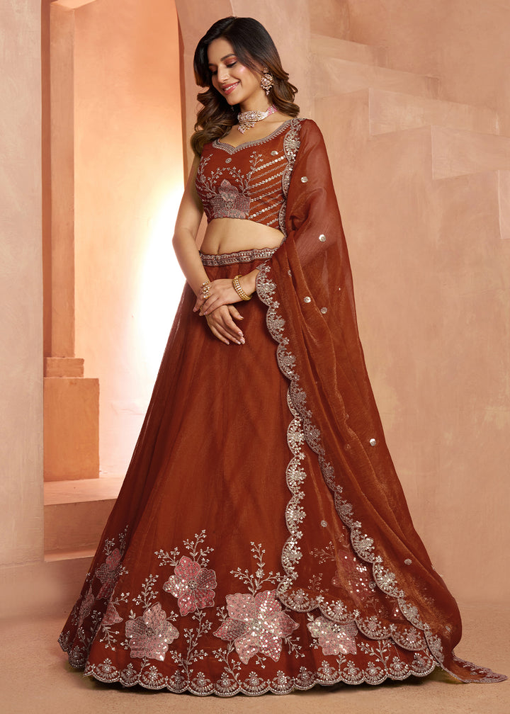 Rust Brown Tissue Lehenga Choli with Floral Motifs & Sequin Detailing