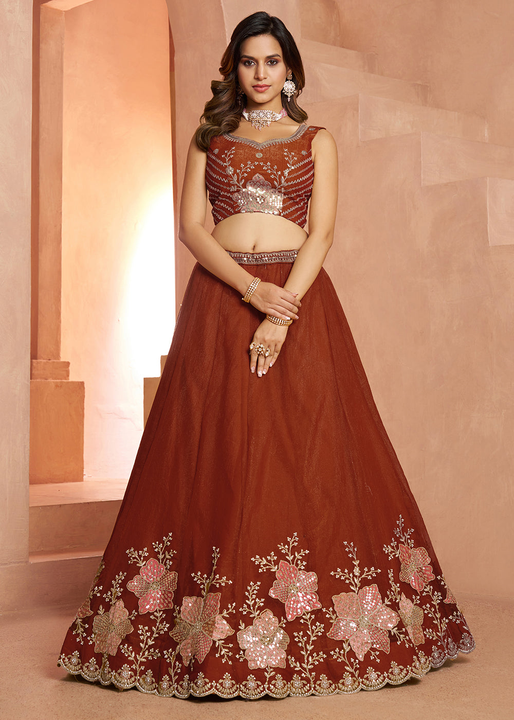 Rust Brown Tissue Lehenga Choli with Floral Motifs & Sequin Detailing