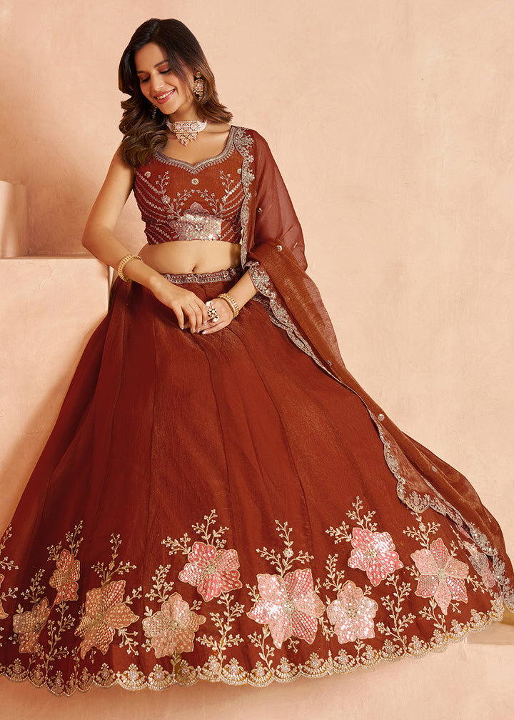 Rust Brown Tissue Lehenga Choli with Floral Motifs & Sequin Detailing