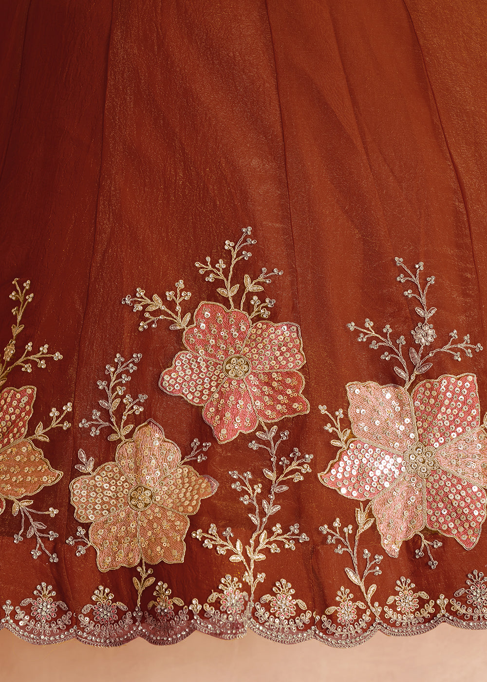 Rust Brown Tissue Lehenga Choli with Floral Motifs & Sequin Detailing