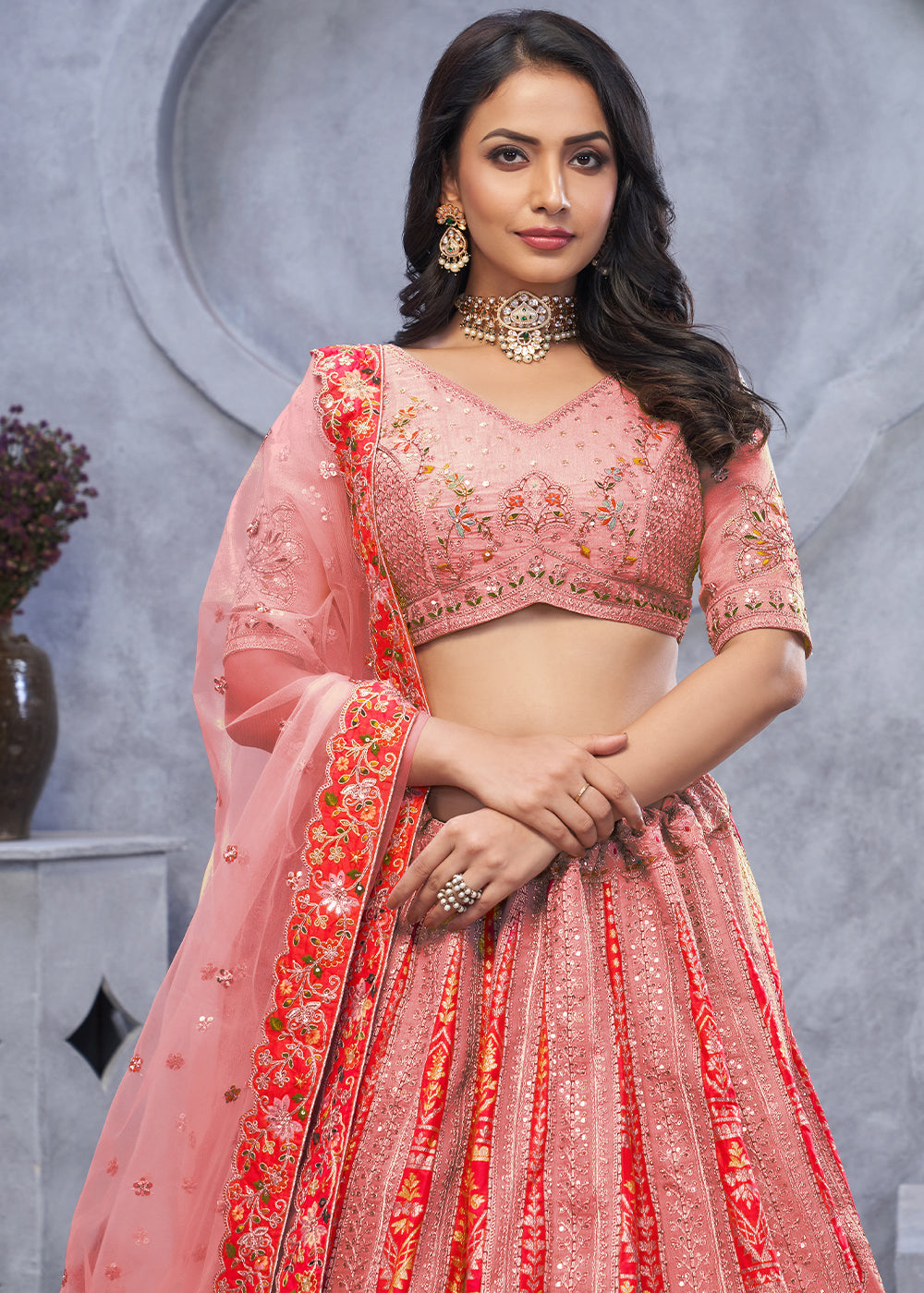 Light Peach Pink Lehenga Choli with Intricate Paisley Designs and Embroidery on Organza Silk