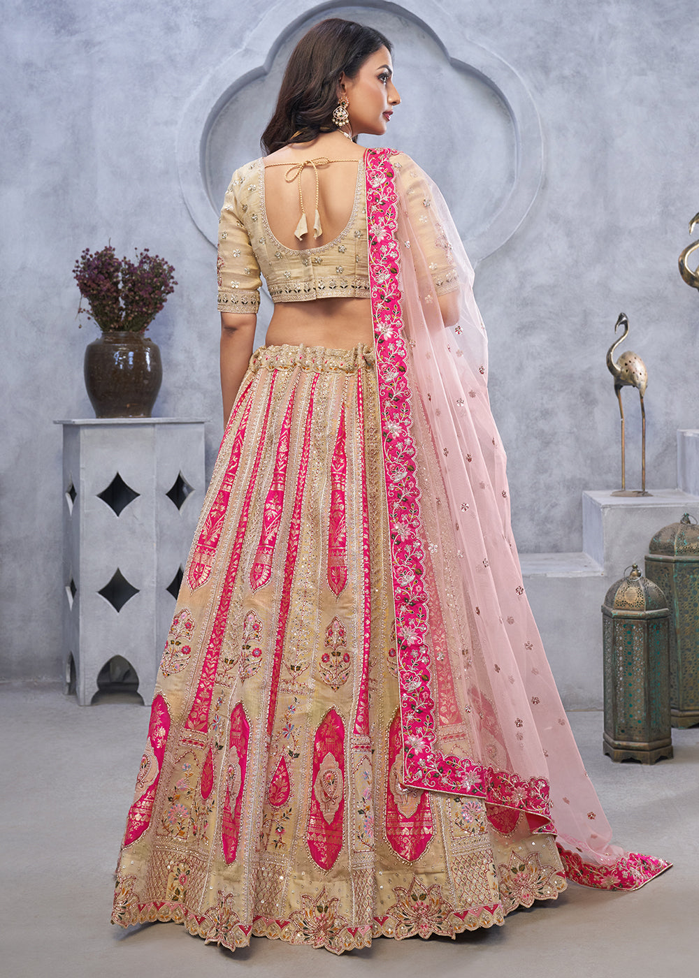 Chiku Brown Lehenga Choli with Intricate Paisley Designs and Embroidery on Organza Silk