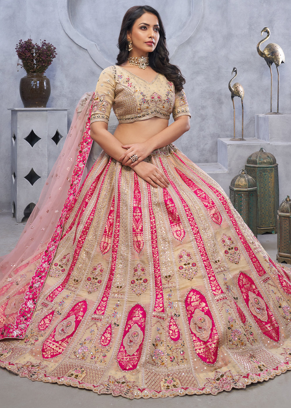 Chiku Brown Lehenga Choli with Intricate Paisley Designs and Embroidery on Organza Silk