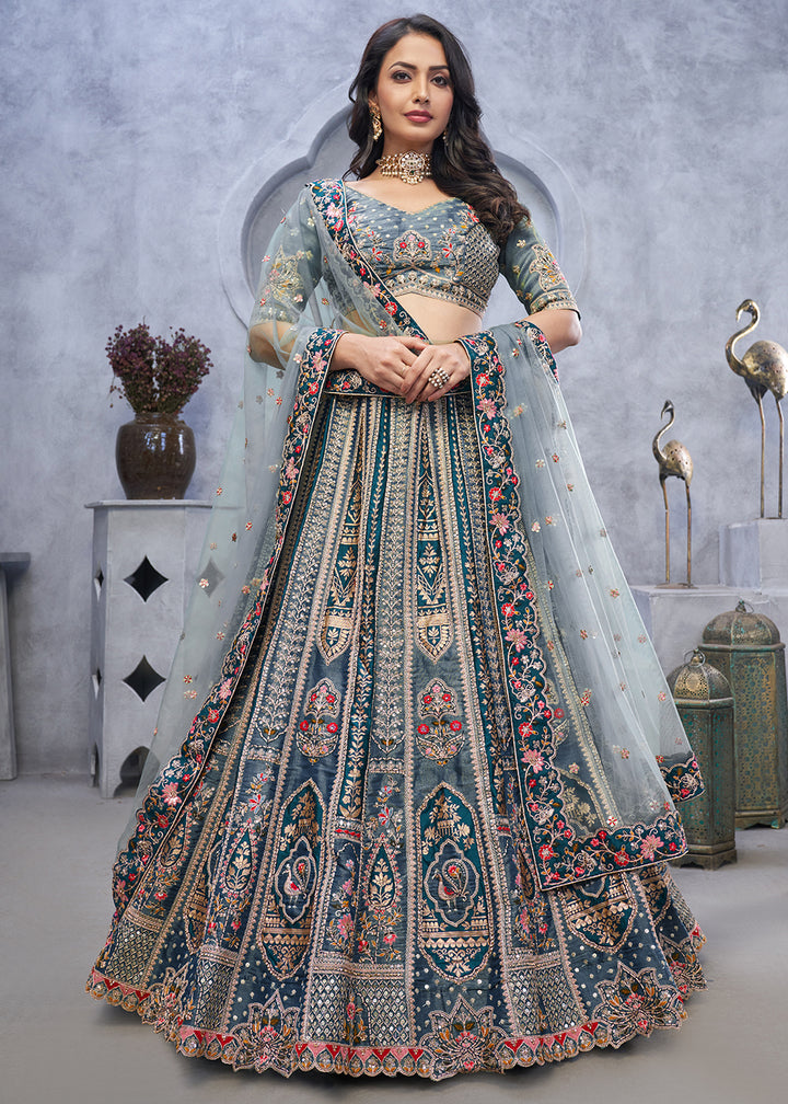 Lava Grey Lehenga Choli with Intricate Paisley Designs and Embroidery on Organza Silk