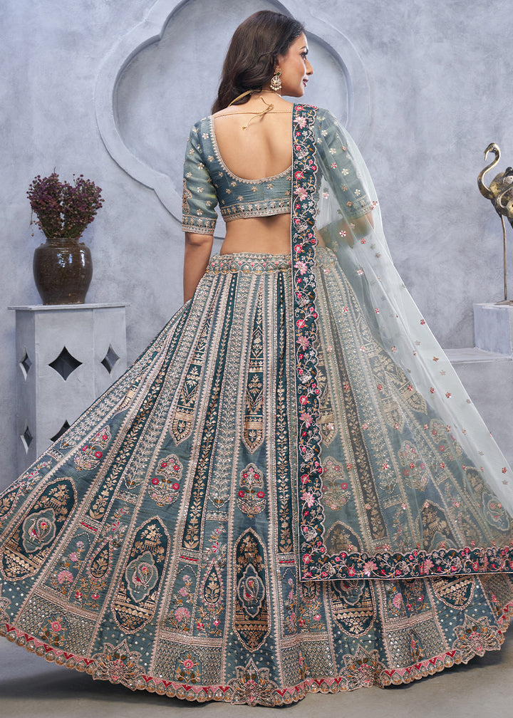 Lava Grey Lehenga Choli with Intricate Paisley Designs and Embroidery on Organza Silk