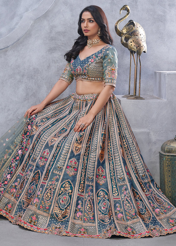 Lava Grey Lehenga Choli with Intricate Paisley Designs and Embroidery on Organza Silk