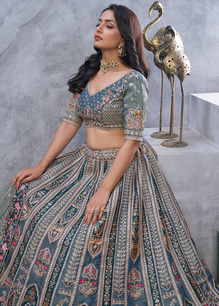 Lava Grey Lehenga Choli with Intricate Paisley Designs and Embroidery on Organza Silk