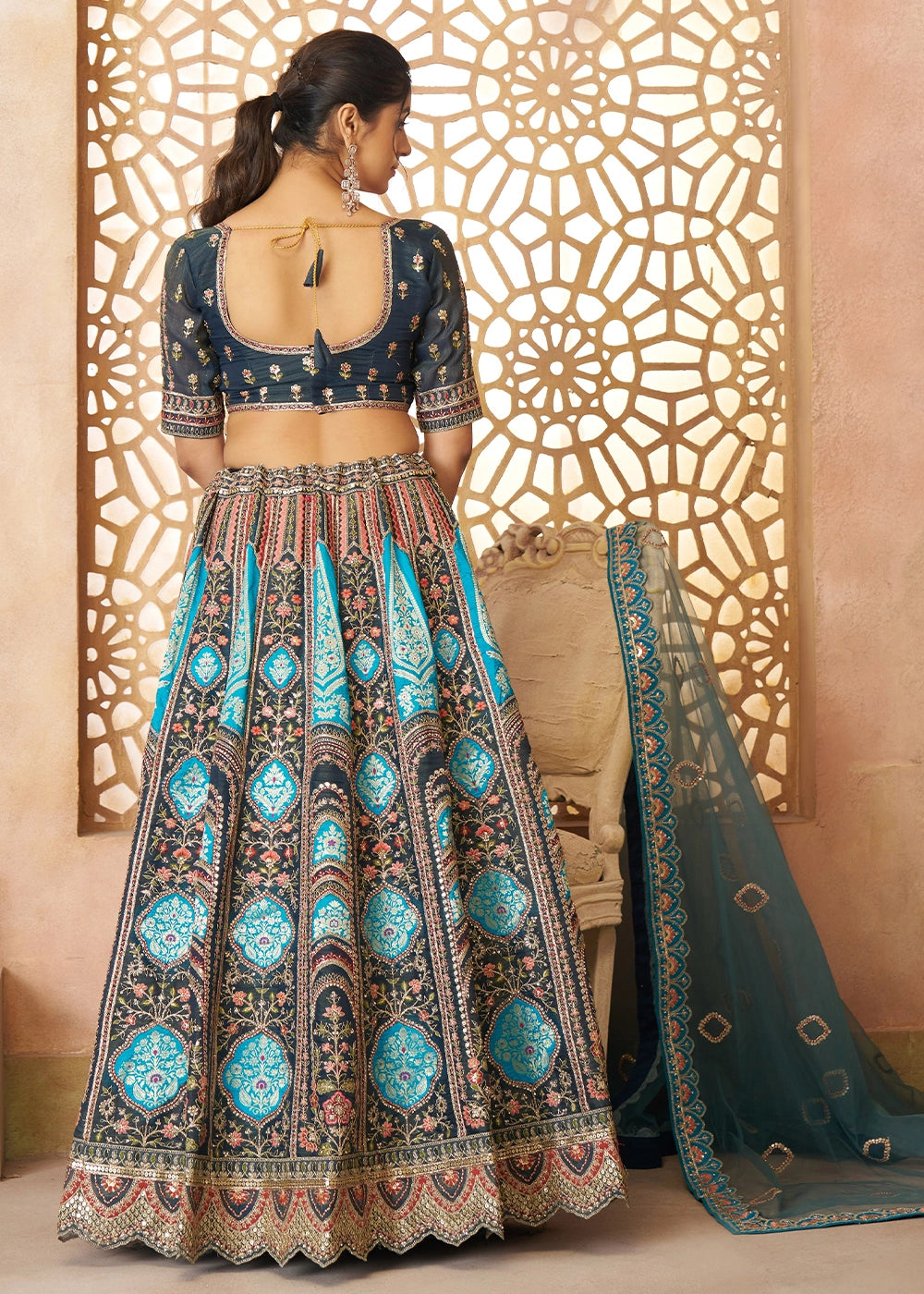 Shades Of Blue Banarasi Silk Lehenga Choli Embellished With Aari Work And Floral Detailing