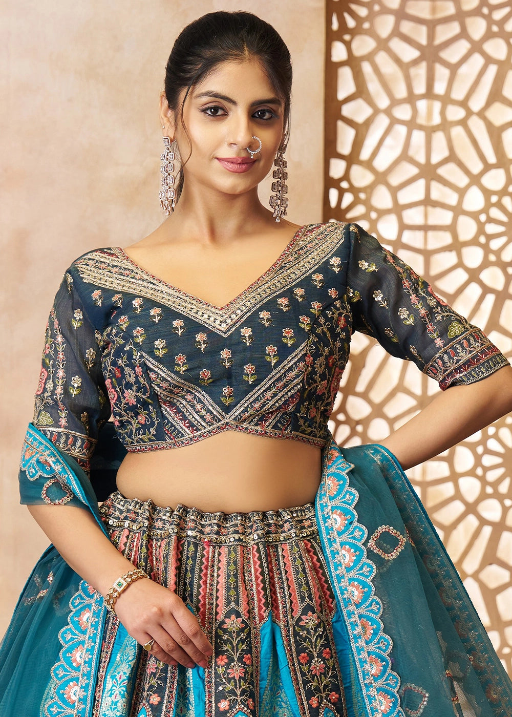 Shades Of Blue Banarasi Silk Lehenga Choli Embellished With Aari Work And Floral Detailing