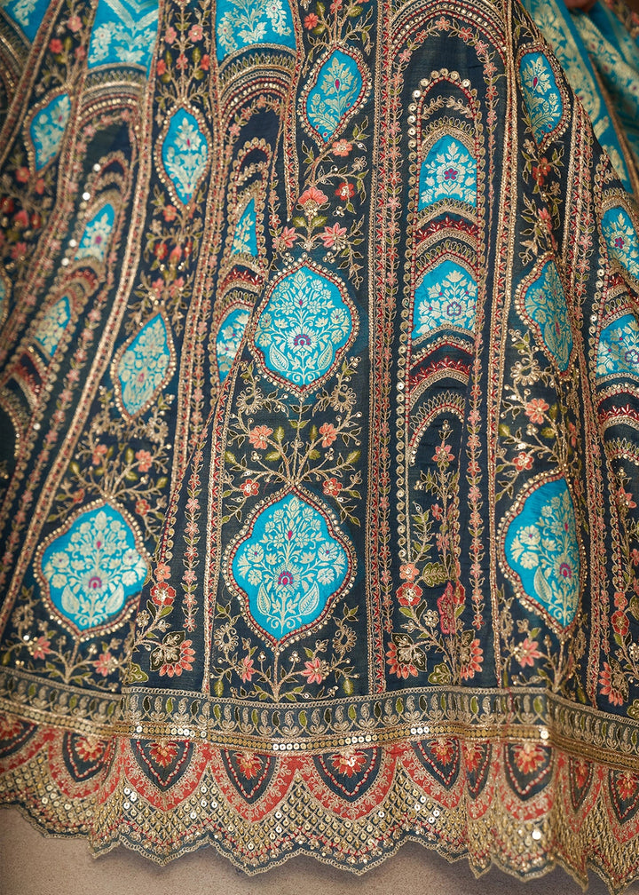 Shades Of Blue Banarasi Silk Lehenga Choli Embellished With Aari Work And Floral Detailing
