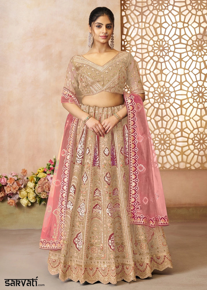 Shades Of Brown Banarasi Silk Lehenga Choli Embellished With Aari Work And Floral Detailing