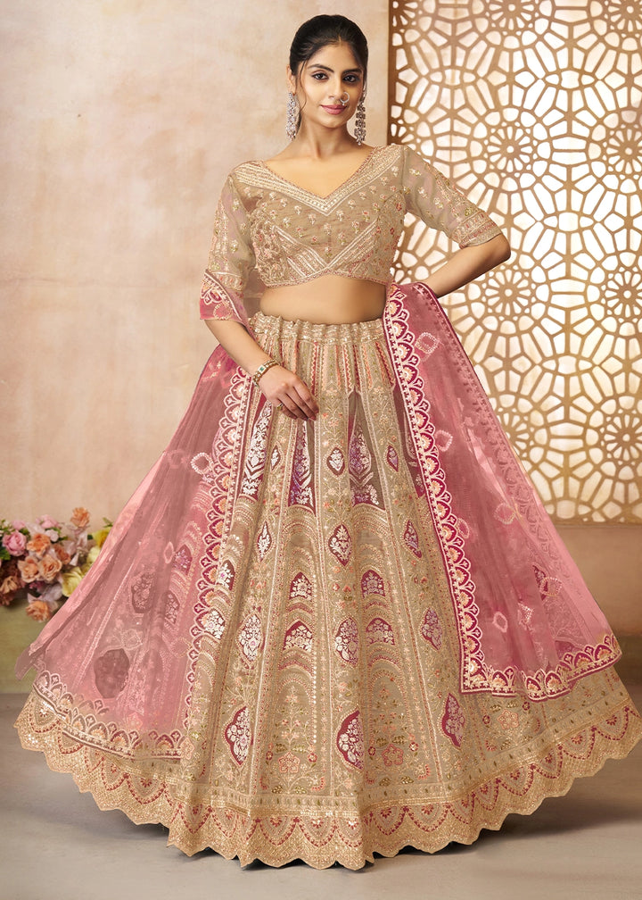 Shades Of Brown Banarasi Silk Lehenga Choli Embellished With Aari Work And Floral Detailing