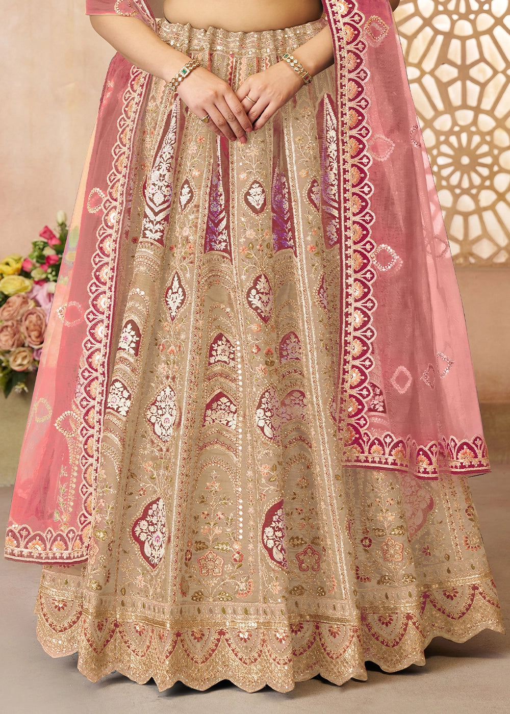 Shades Of Brown Banarasi Silk Lehenga Choli Embellished With Aari Work And Floral Detailing