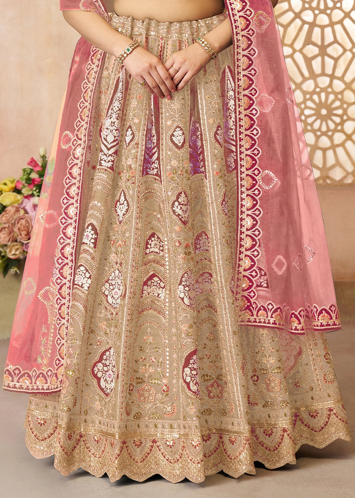Shades Of Brown Banarasi Silk Lehenga Choli Embellished With Aari Work And Floral Detailing