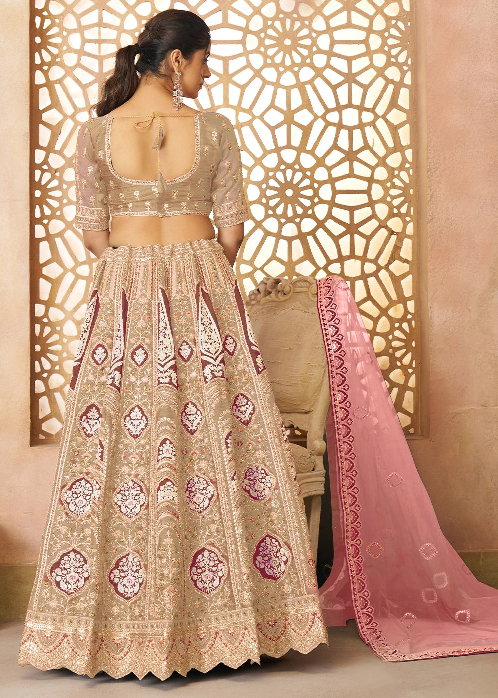 Coffee Brown Banarasi Silk Lehenga Choli Embellished With Aari Work And Floral Detailing