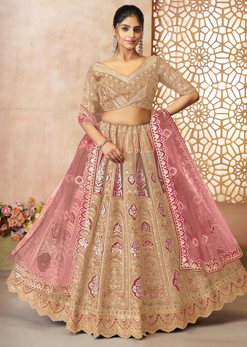 Coffee Brown Banarasi Silk Lehenga Choli Embellished With Aari Work And Floral Detailing