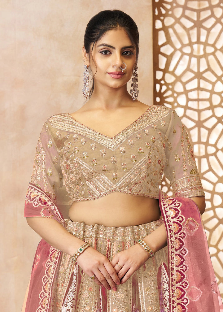 Coffee Brown Banarasi Silk Lehenga Choli Embellished With Aari Work And Floral Detailing