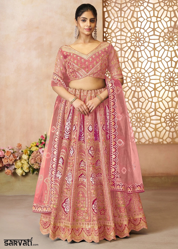 Shades Of Pink Banarasi Silk Lehenga Choli Embellished With Aari Work And Floral Detailing