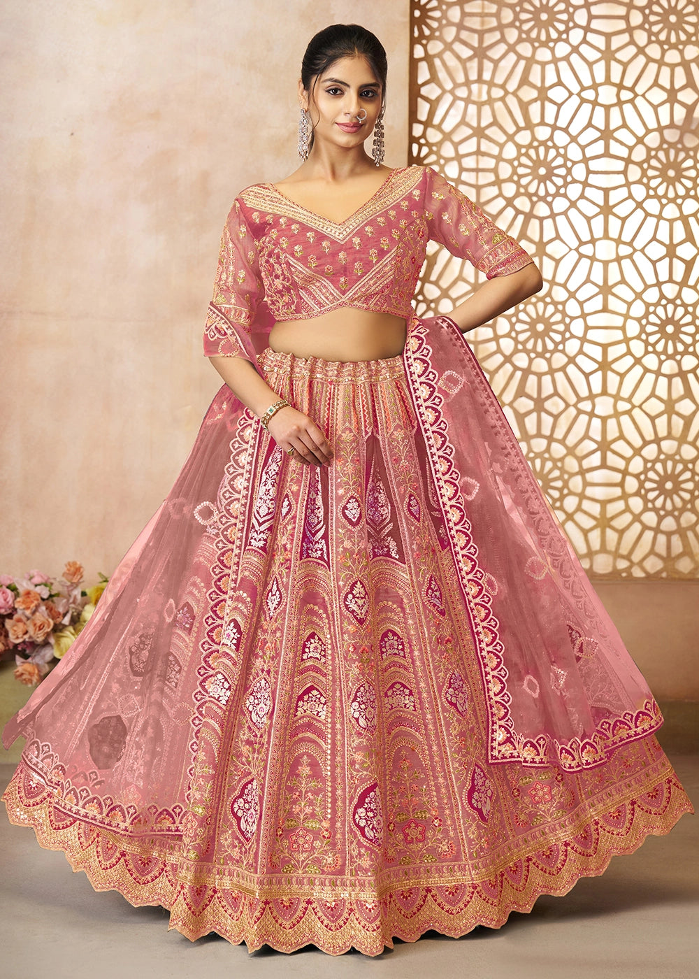 Shades Of Pink Banarasi Silk Lehenga Choli Embellished With Aari Work And Floral Detailing