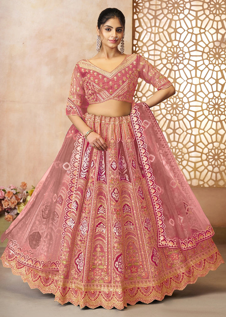 Shades Of Pink Banarasi Silk Lehenga Choli Embellished With Aari Work And Floral Detailing
