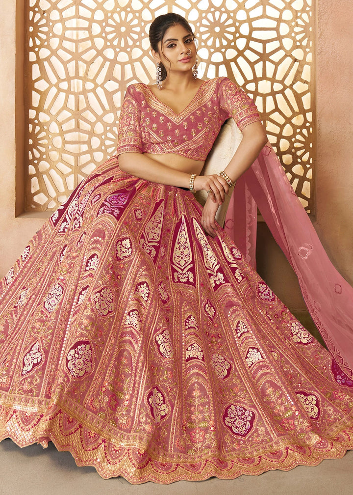 Shades Of Pink Banarasi Silk Lehenga Choli Embellished With Aari Work And Floral Detailing