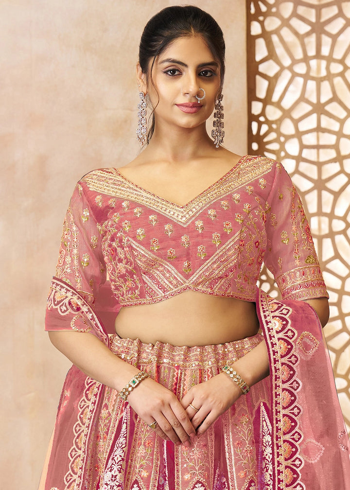 Shades Of Pink Banarasi Silk Lehenga Choli Embellished With Aari Work And Floral Detailing