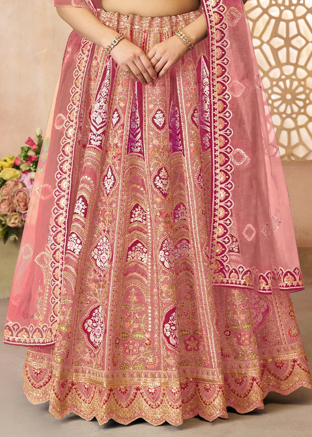 Shades Of Pink Banarasi Silk Lehenga Choli Embellished With Aari Work And Floral Detailing
