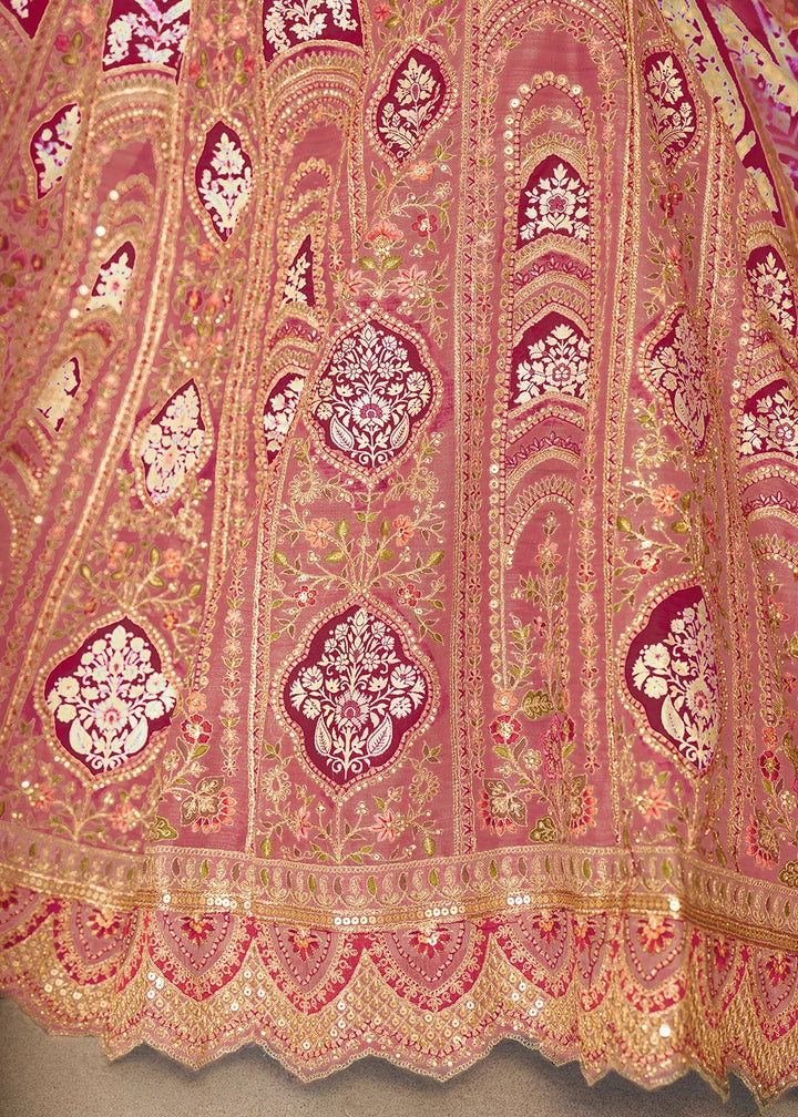 Shades Of Pink Banarasi Silk Lehenga Choli Embellished With Aari Work And Floral Detailing