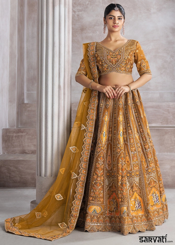Mustard Yellow Banarasi Silk Lehenga Choli Embellished With Sequins, Aari Work And Floral Detailing