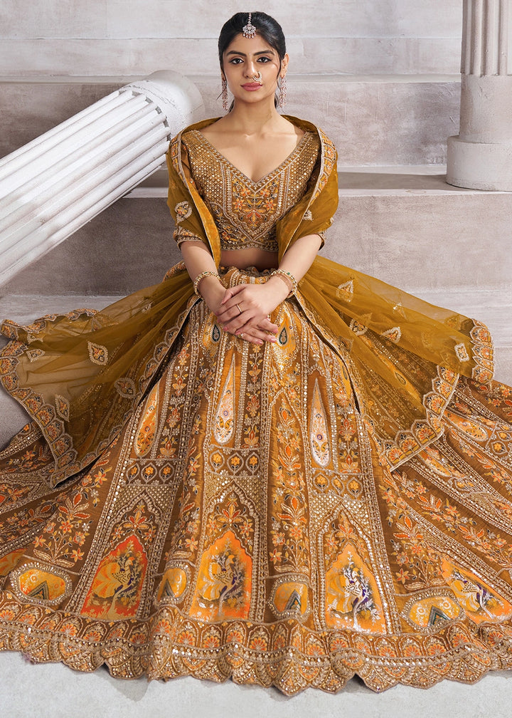Mustard Yellow Banarasi Silk Lehenga Choli Embellished With Sequins, Aari Work And Floral Detailing