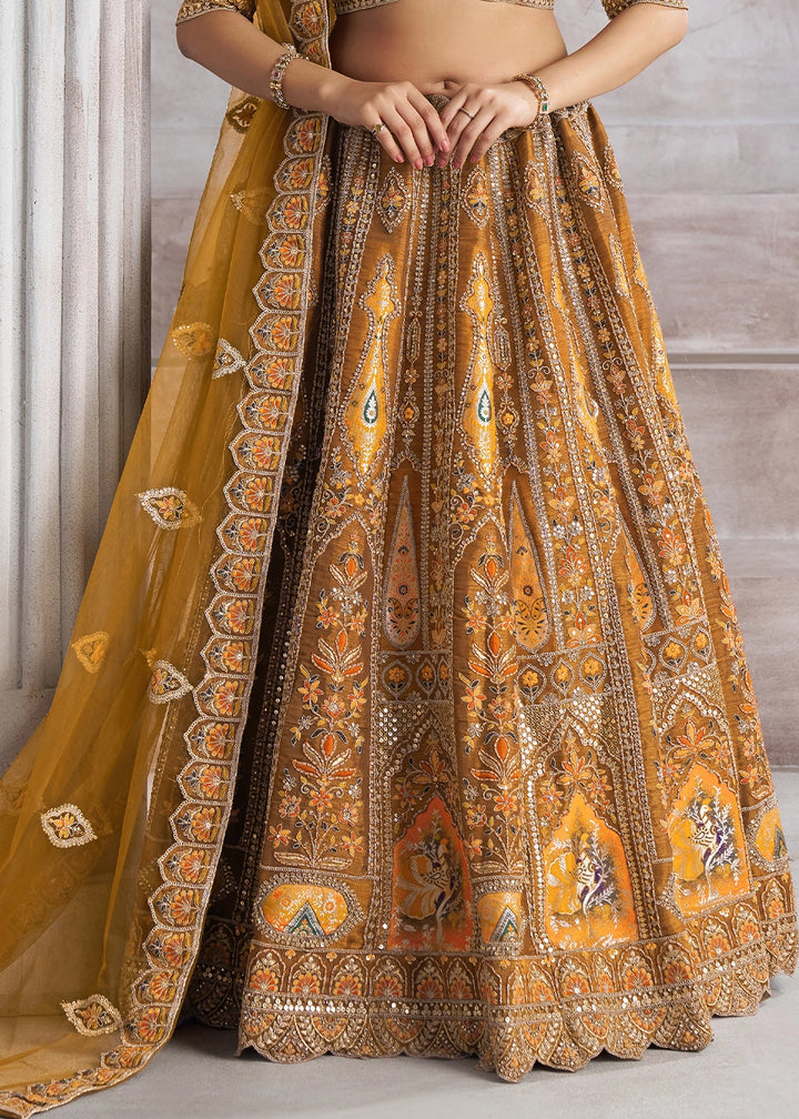Mustard Yellow Banarasi Silk Lehenga Choli Embellished With Sequins, Aari Work And Floral Detailing