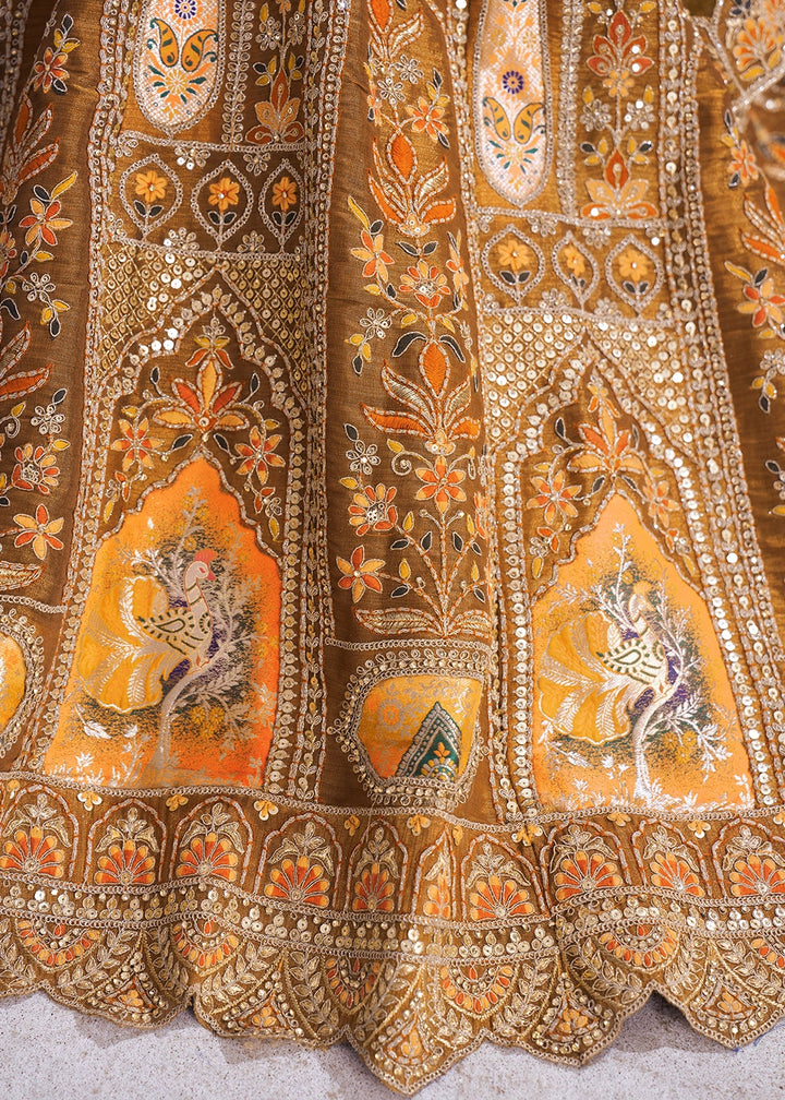 Mustard Yellow Banarasi Silk Lehenga Choli Embellished With Sequins, Aari Work And Floral Detailing