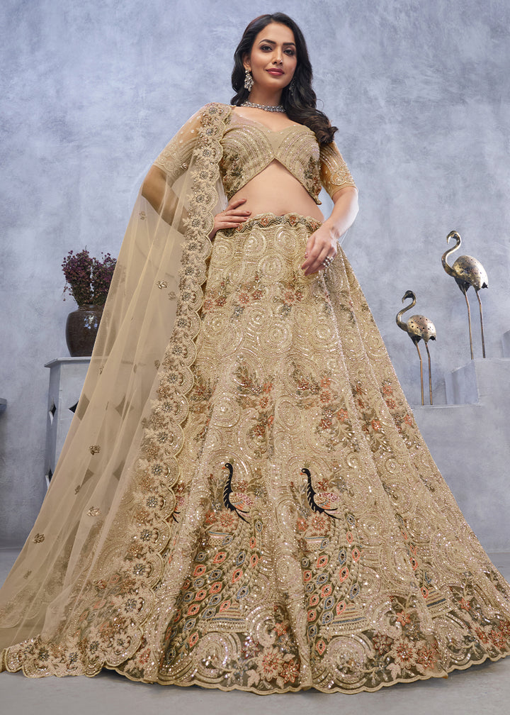 Golden Brown Net Lehenga Choli – Embellished with Sequins, Stones, and Sitara