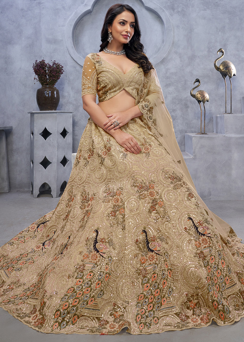 Golden Brown Net Lehenga Choli – Embellished with Sequins, Stones, and Sitara